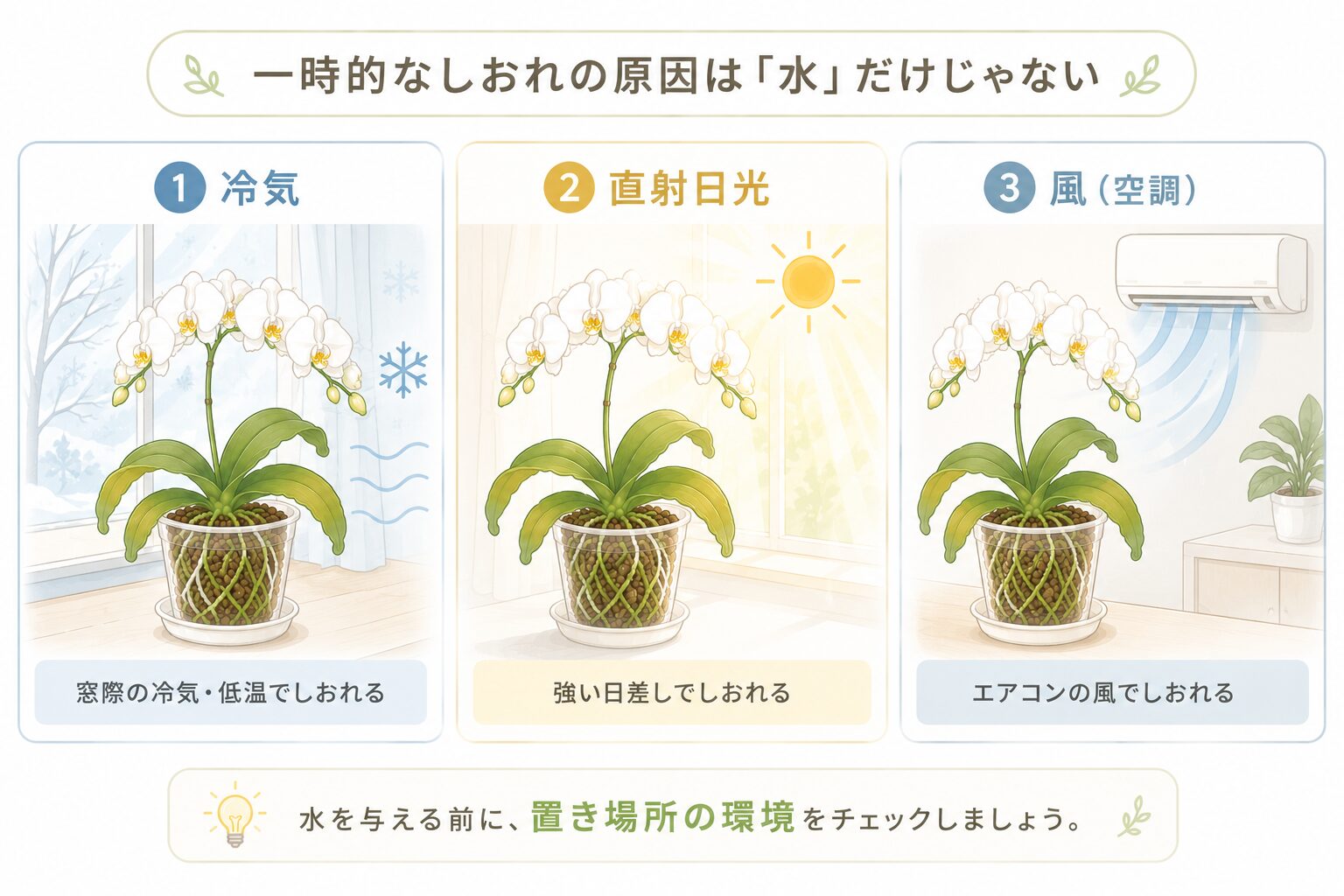 胡蝶蘭の葉がしおれる低温・直射日光・空調風の原因を示す図解