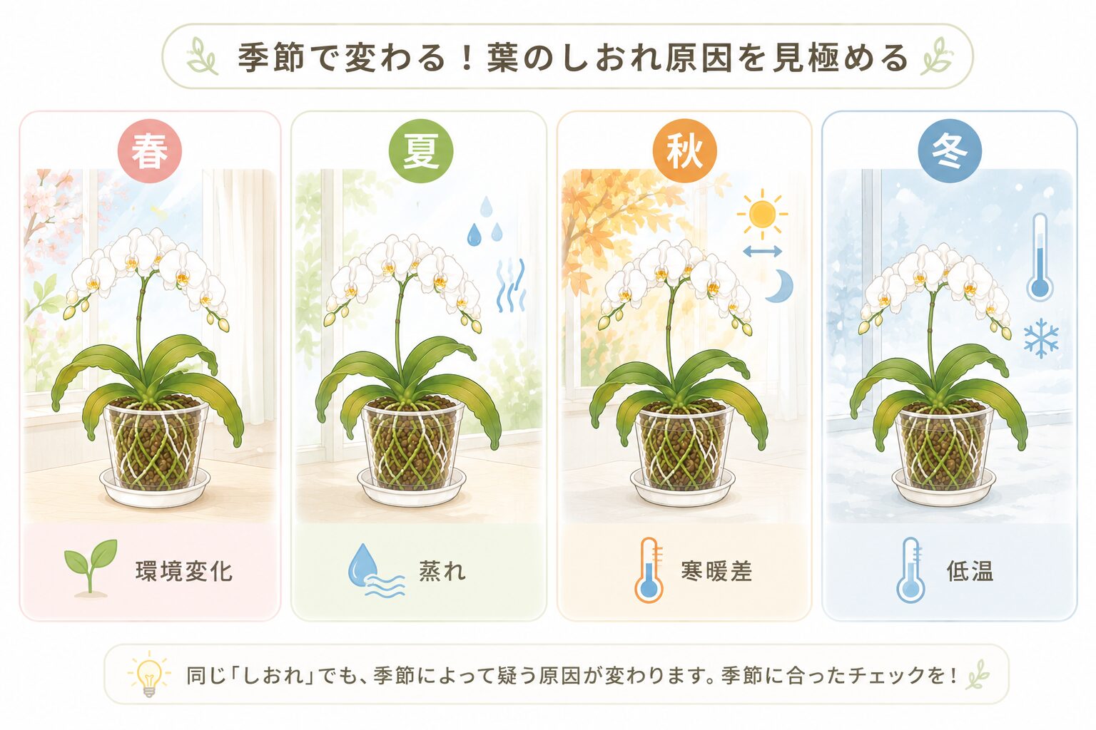胡蝶蘭の葉のしおれ原因を春夏秋冬の季節別に見分ける図解
