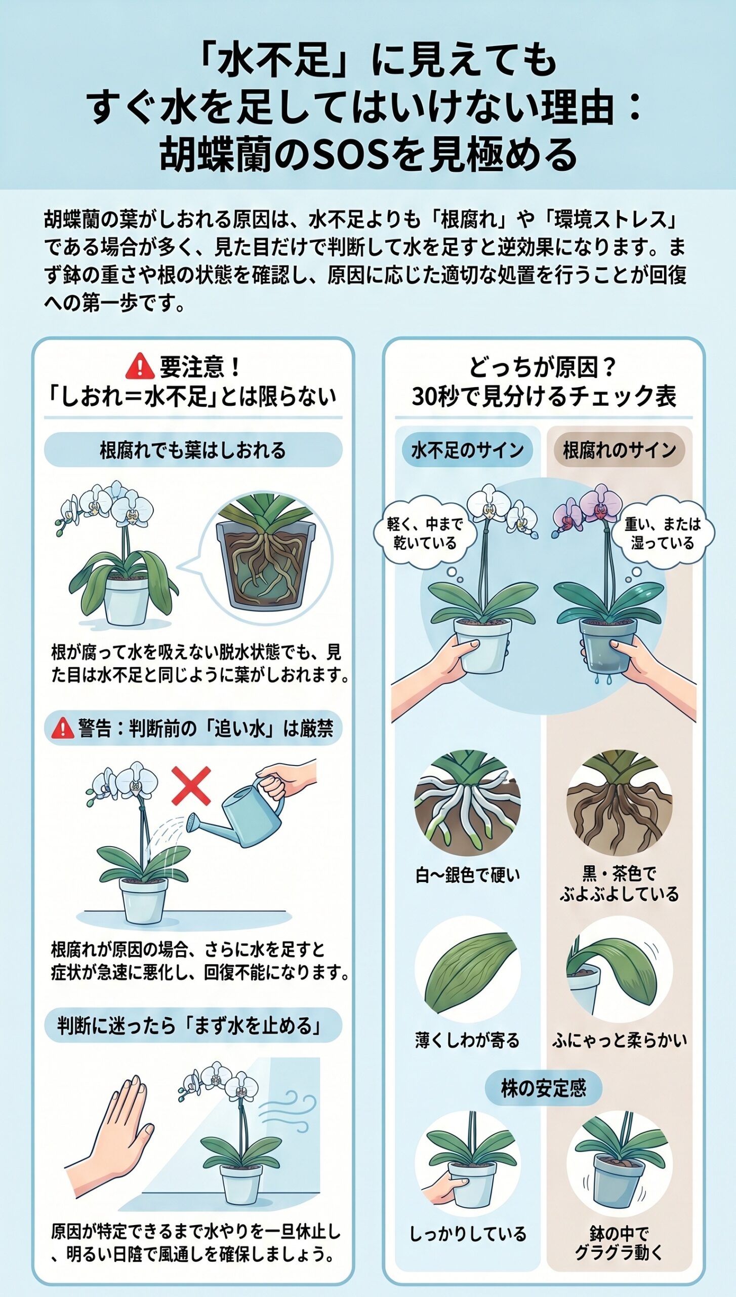 写真で残す!相談前に状態を固定する「3つの撮影ポイント」|胡蝶蘭の葉がしおれた時の原因判断と初動対応を視覚的に整理したインフォグラフィック