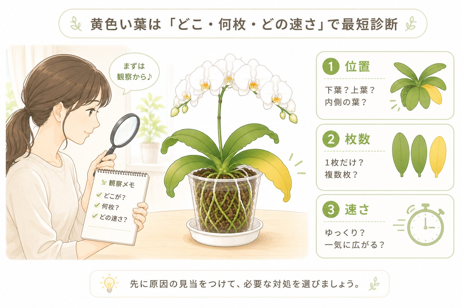 胡蝶蘭の黄色い葉を位置・枚数・広がる速さで見分ける最短診断図解