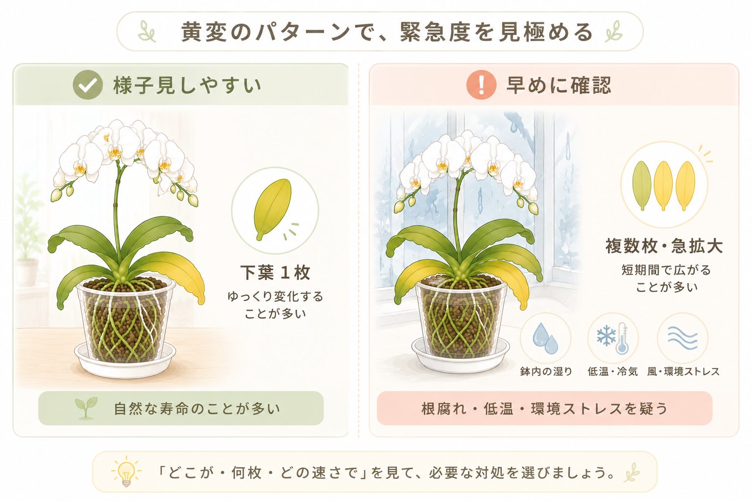 胡蝶蘭の下葉1枚の黄変と複数枚の急な黄変を比較する図解