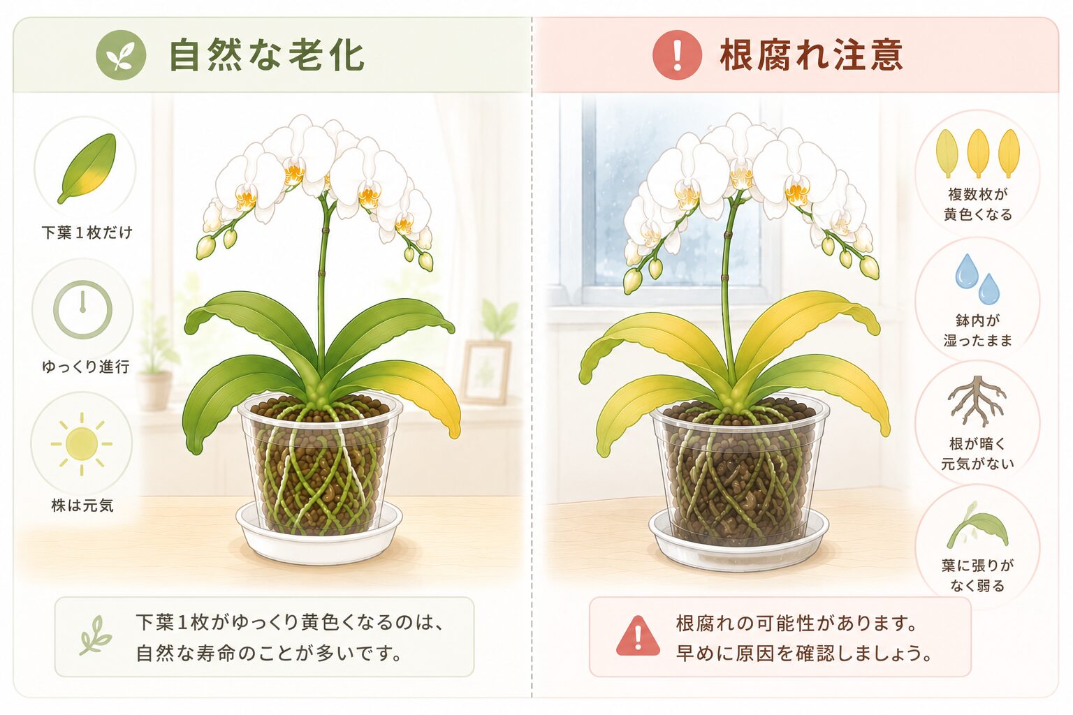 胡蝶蘭の自然な葉の寿命と根腐れによる黄変の違いを示す比較図解