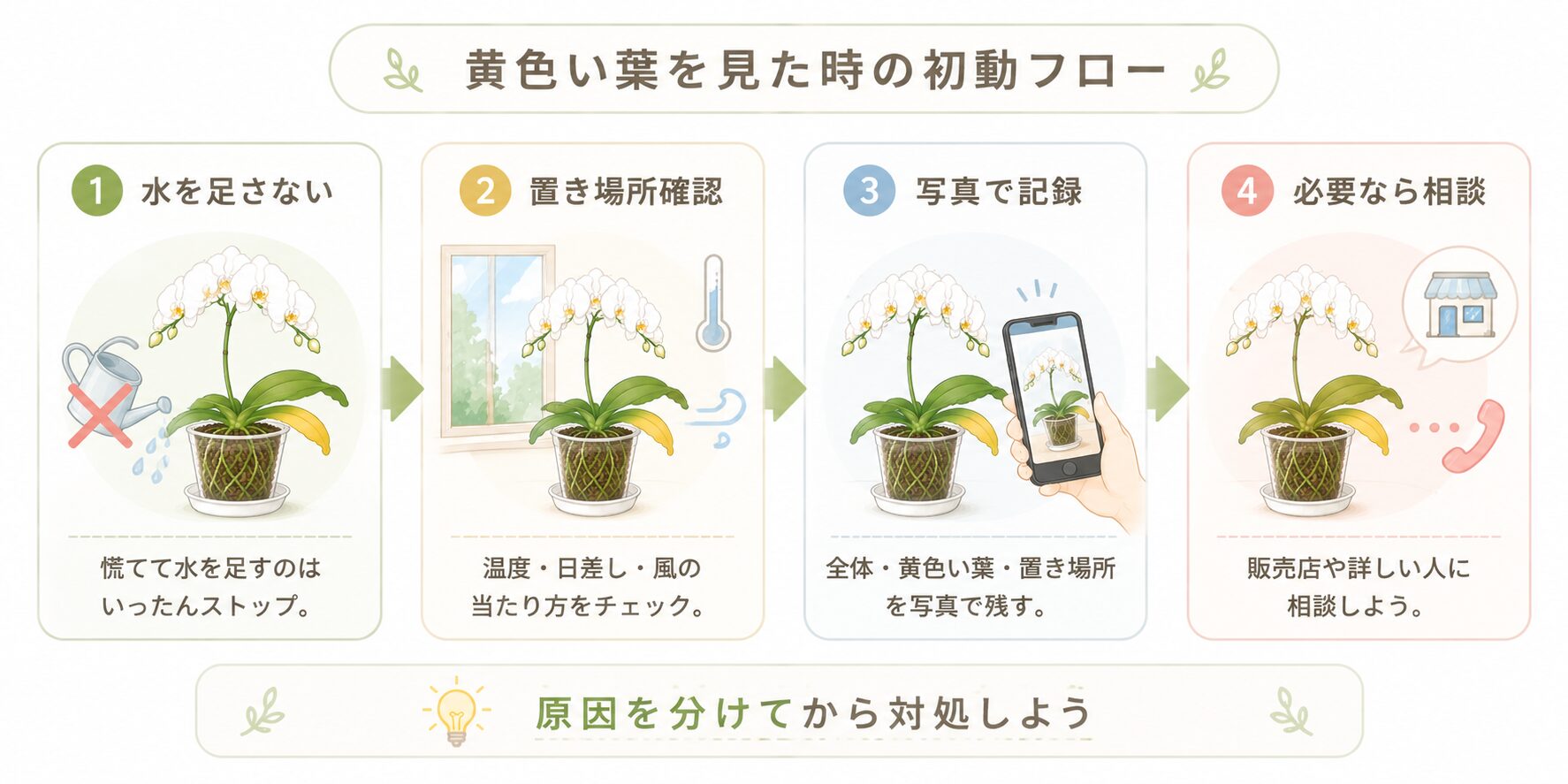 胡蝶蘭の黄色い葉を見た時に水を足す前に行う初動フロー図解