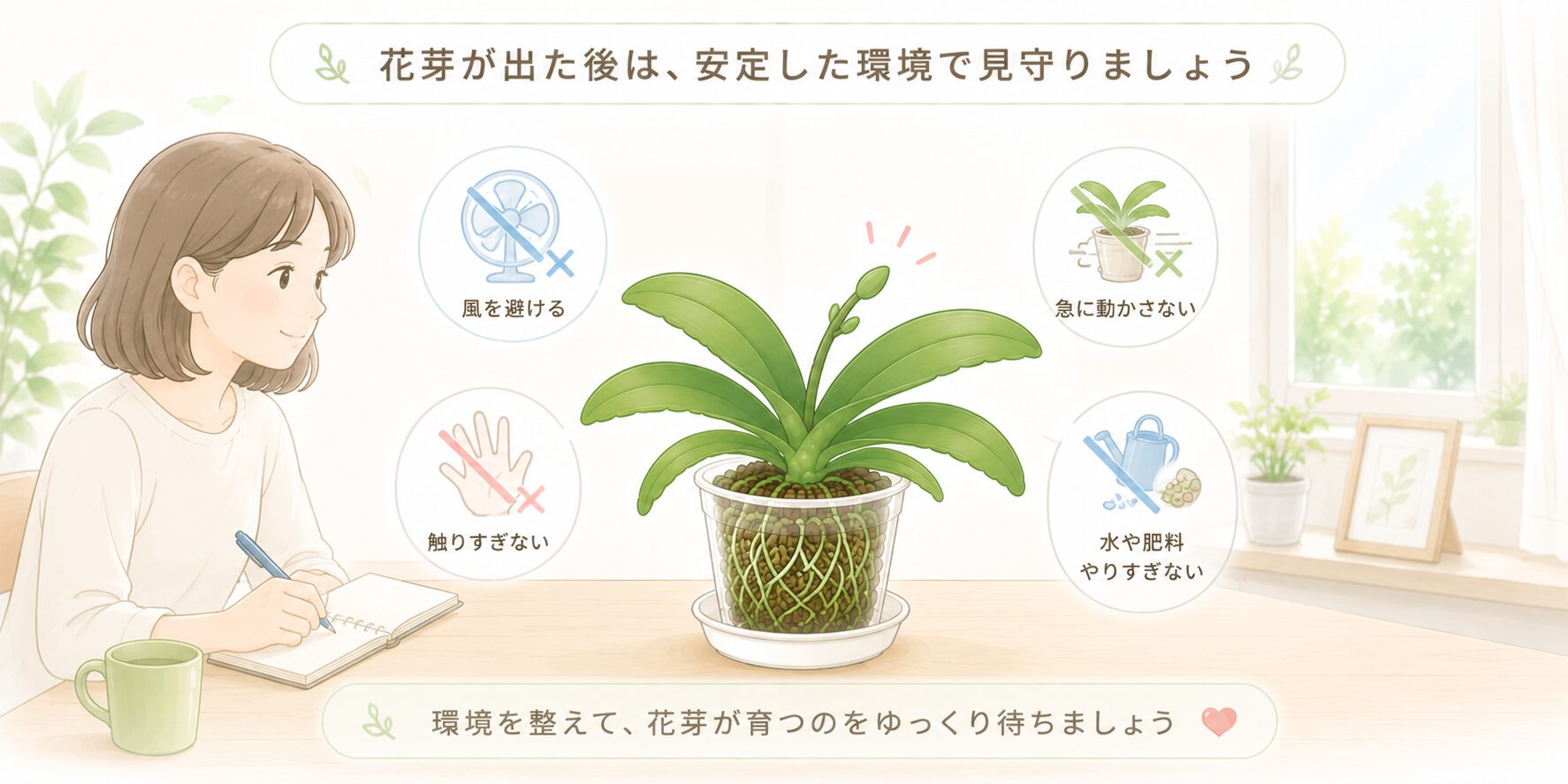 胡蝶蘭の花芽が出た後に触りすぎや風を避けて見守る管理イラスト