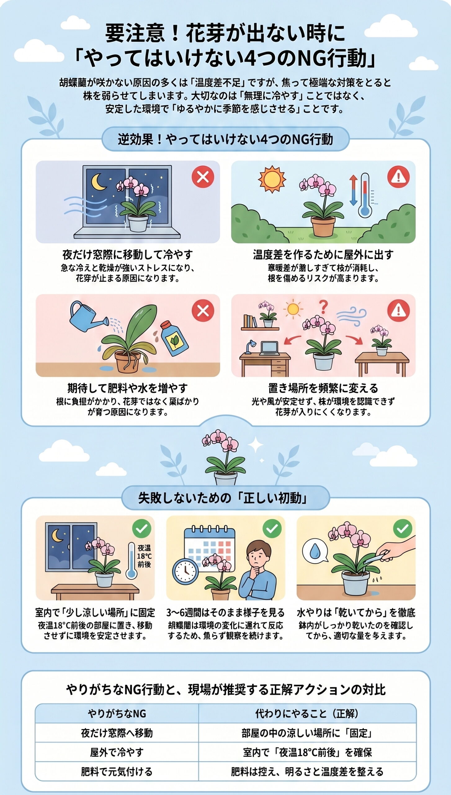 要注意!花芽が出ない時に「やってはいけない4つのNG行動」|胡蝶蘭の花芽が出ない・咲かない原因と対策を視覚的に整理したインフォグラフィック