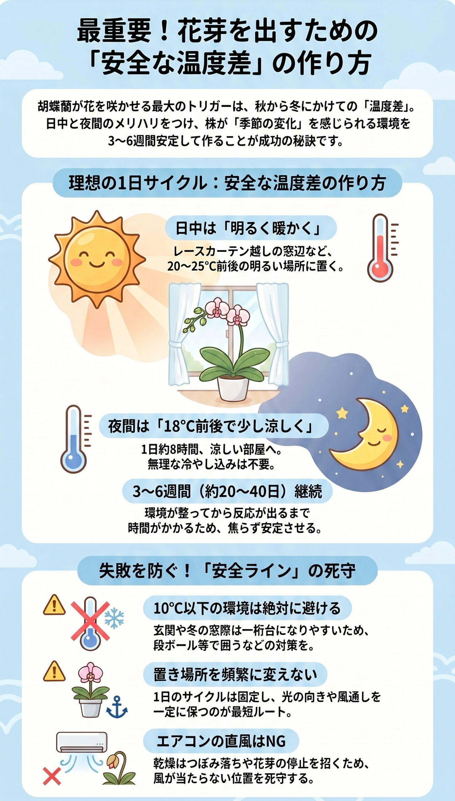 最重要!花芽を出すための「安全な温度差」の作り方|胡蝶蘭の花芽が出ない・咲かない原因と対策を視覚的に整理したインフォグラフィック