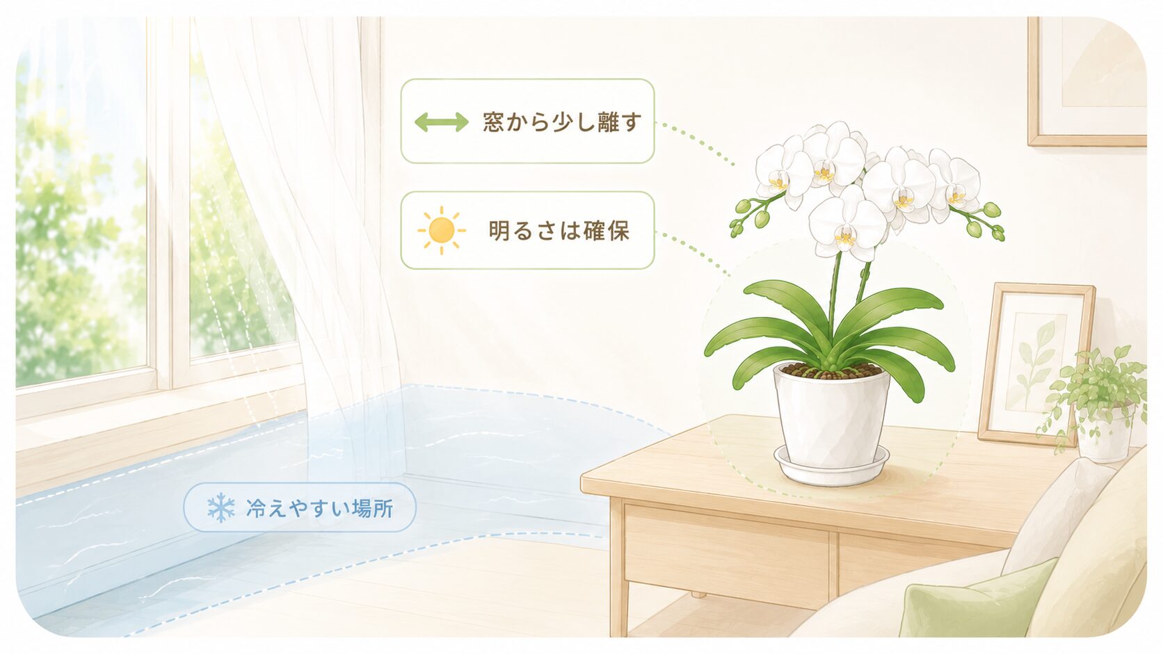 胡蝶蘭をリビングの窓から少し離して明るさを確保する置き場所イラスト