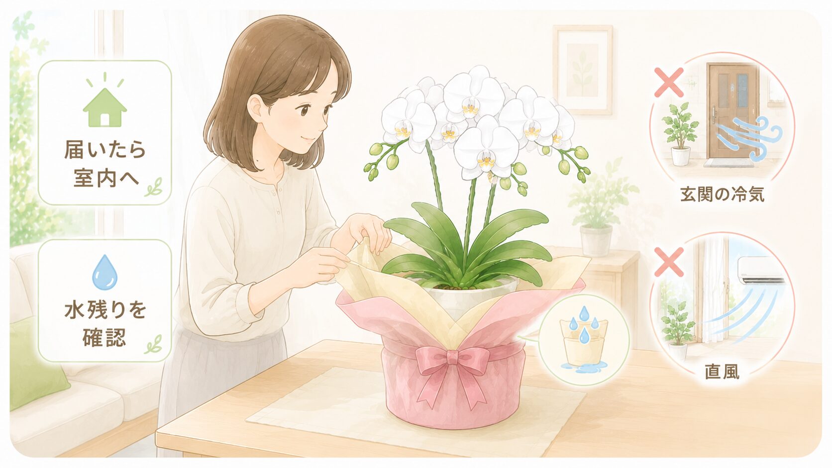 贈答で届いた胡蝶蘭を室内へ移しラッピング内の水残りを確認するイラスト