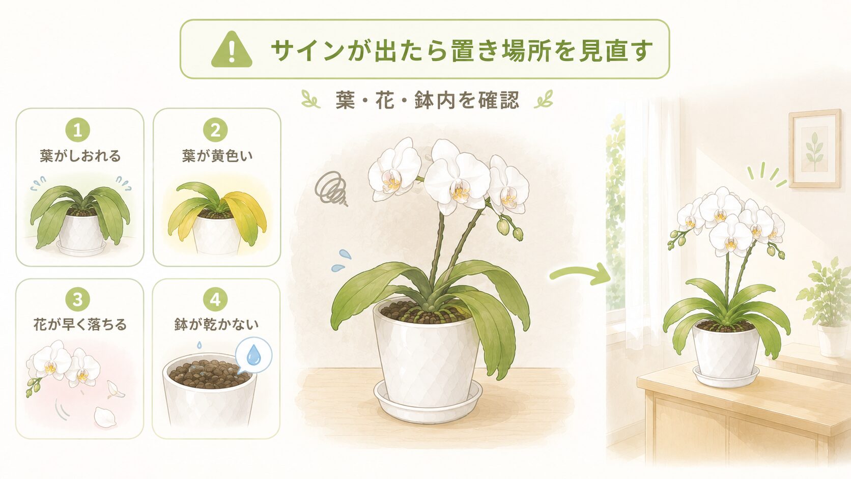 胡蝶蘭の葉や花や鉢内の変化から置き場所を見直すサインを示す図解
