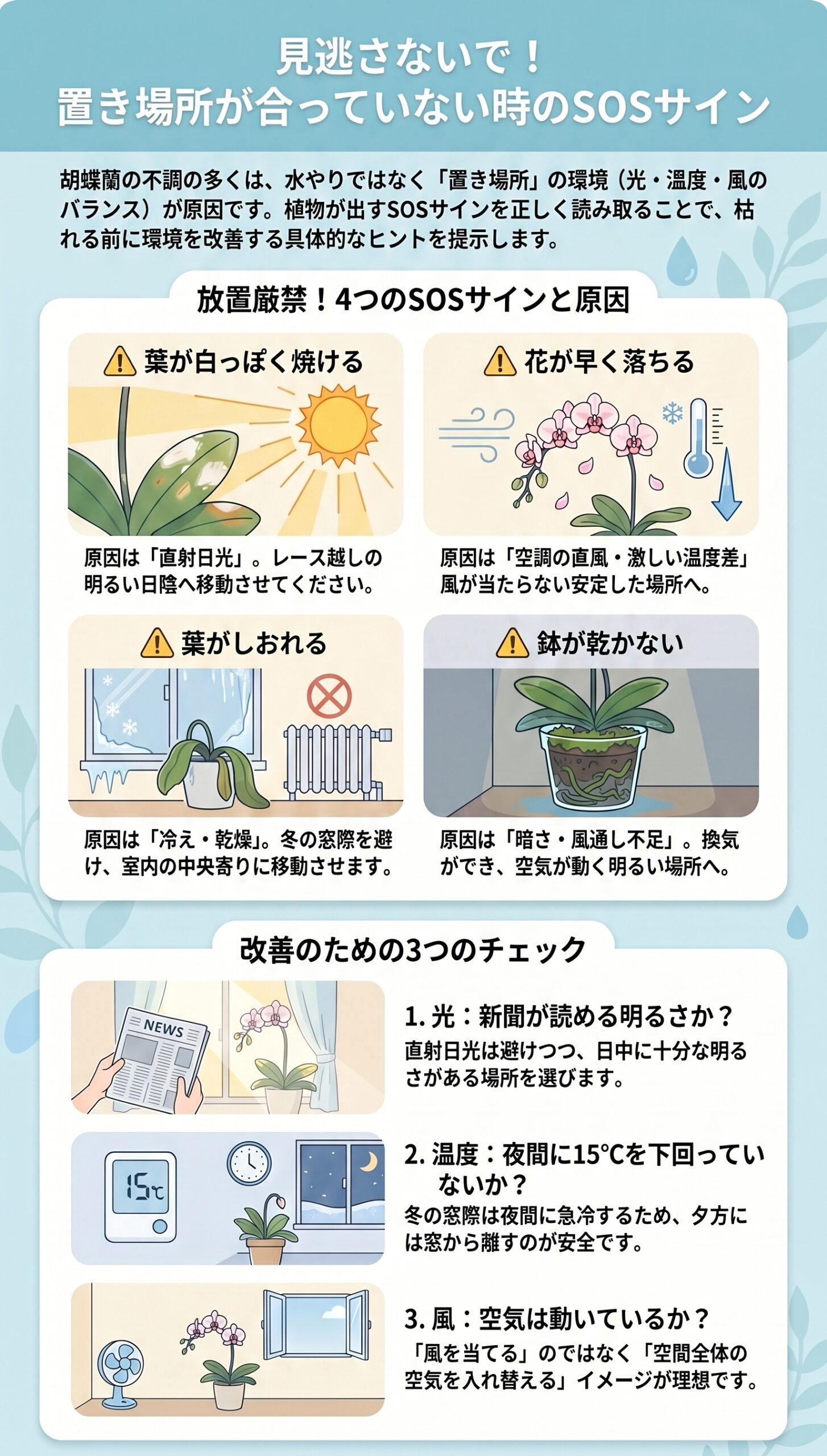 見逃さないで!置き場所が合っていない時の「SOSサイン」|胡蝶蘭の置き場所・温度・風・季節ごとの管理判断を視覚的に整理したインフォグラフィック