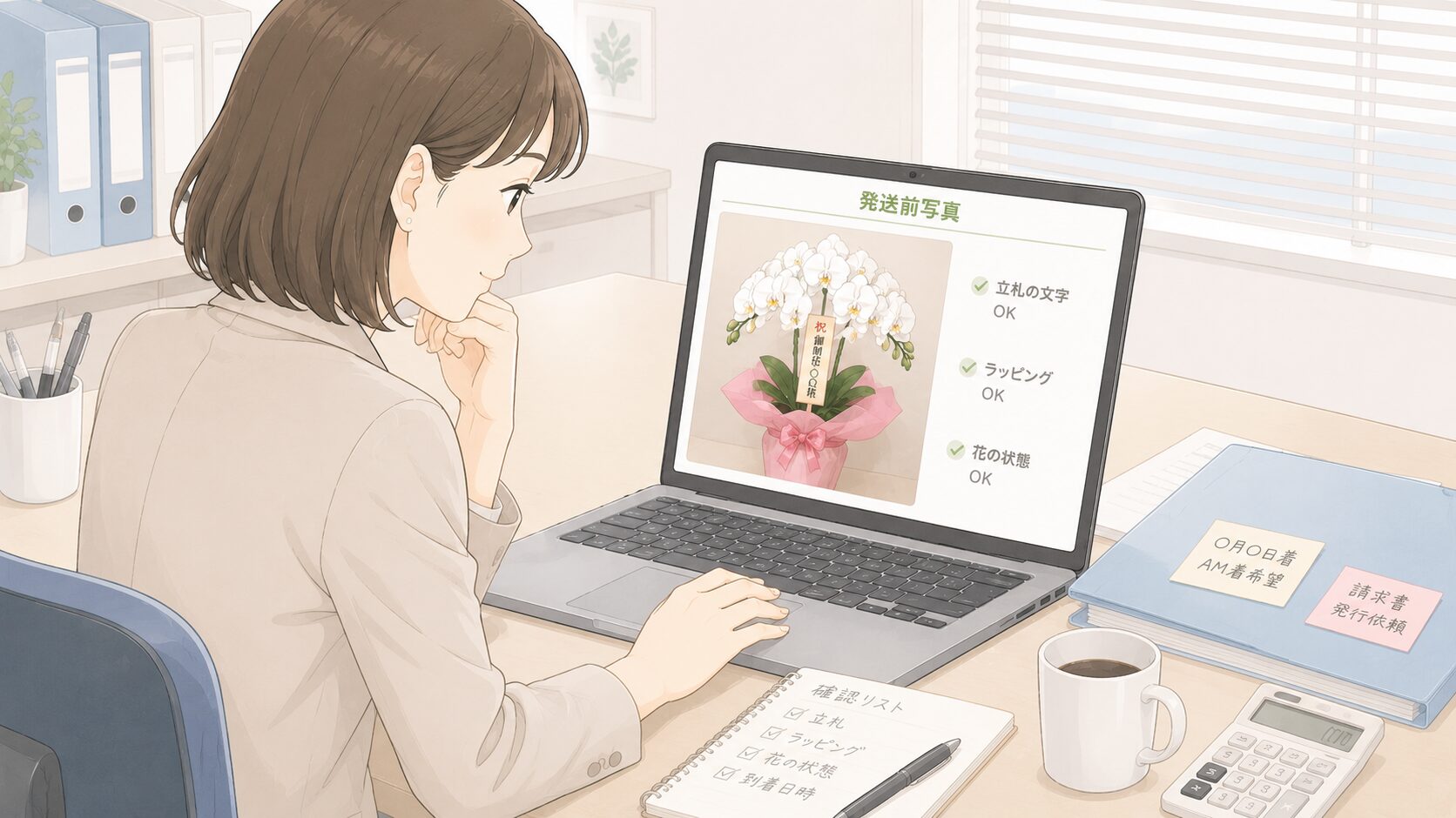 法人胡蝶蘭の発送前確認イラスト