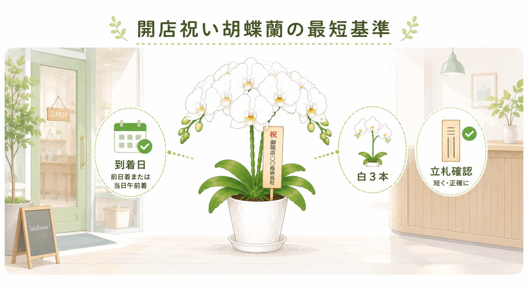 開店祝いの胡蝶蘭で到着日・白3本・立札確認を示す図解