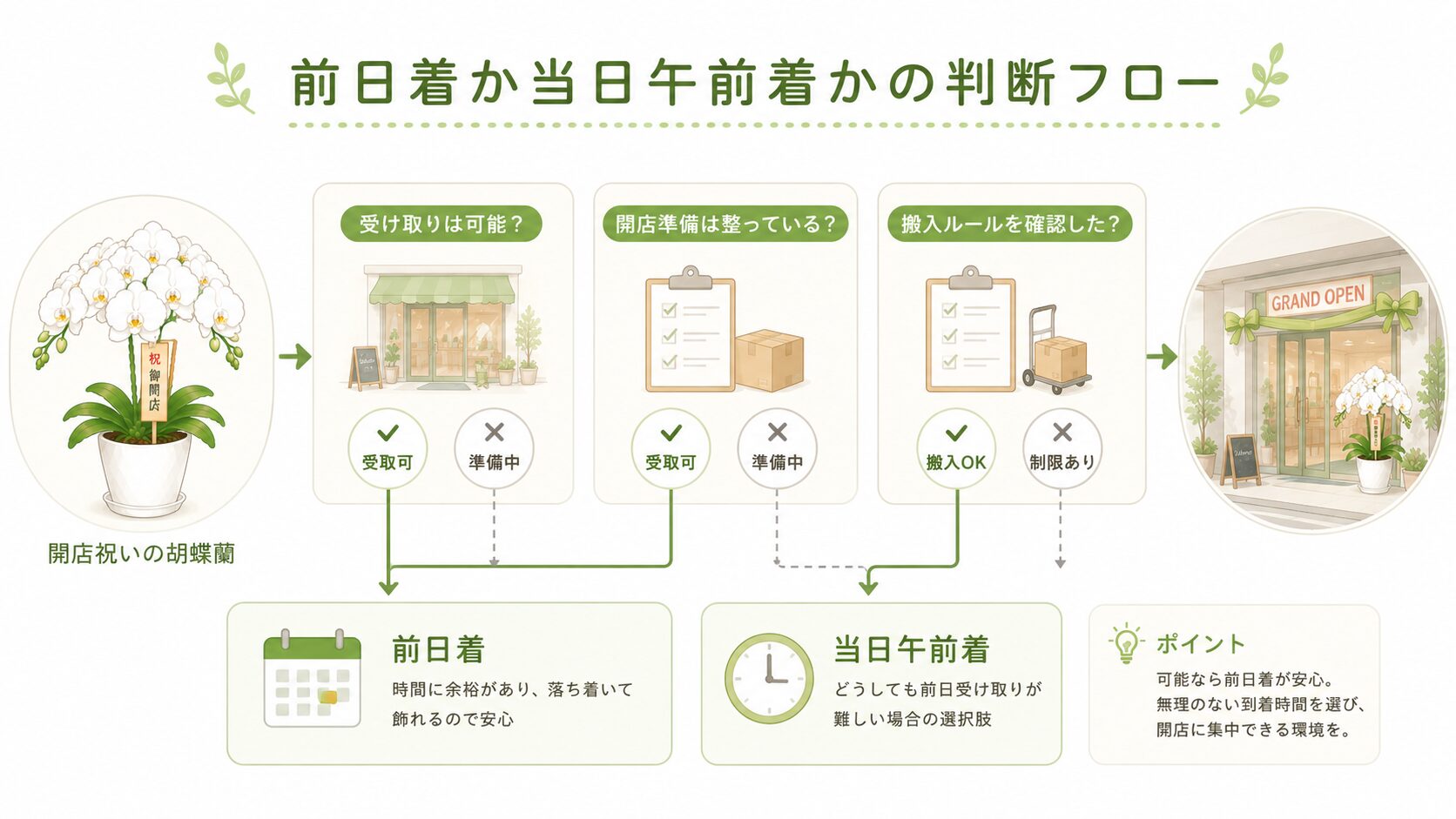 開店祝いの胡蝶蘭を前日着か当日午前着で判断するフロー図