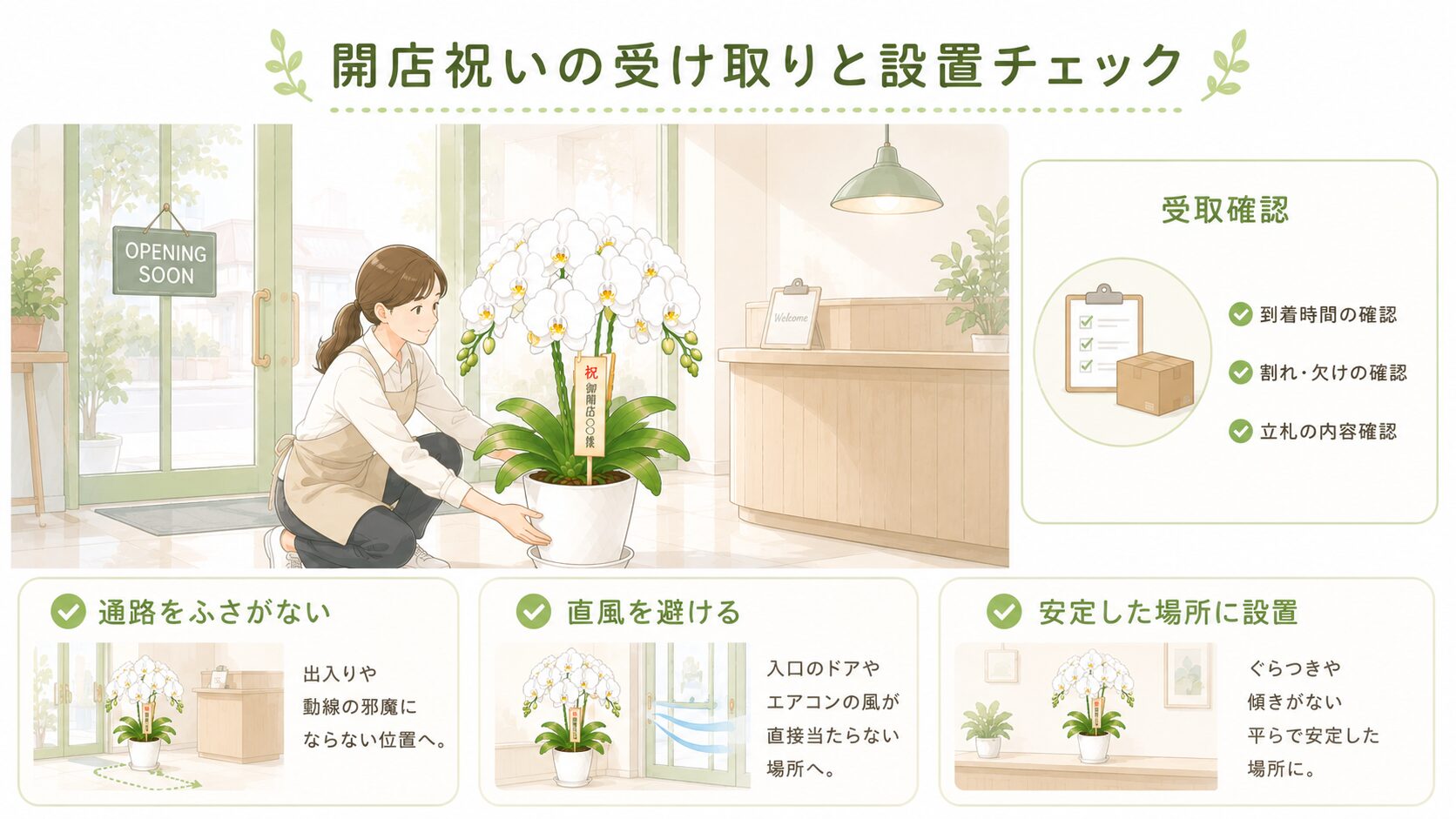 開店祝いの胡蝶蘭を受け取り通路や直風を避けて設置するイラスト