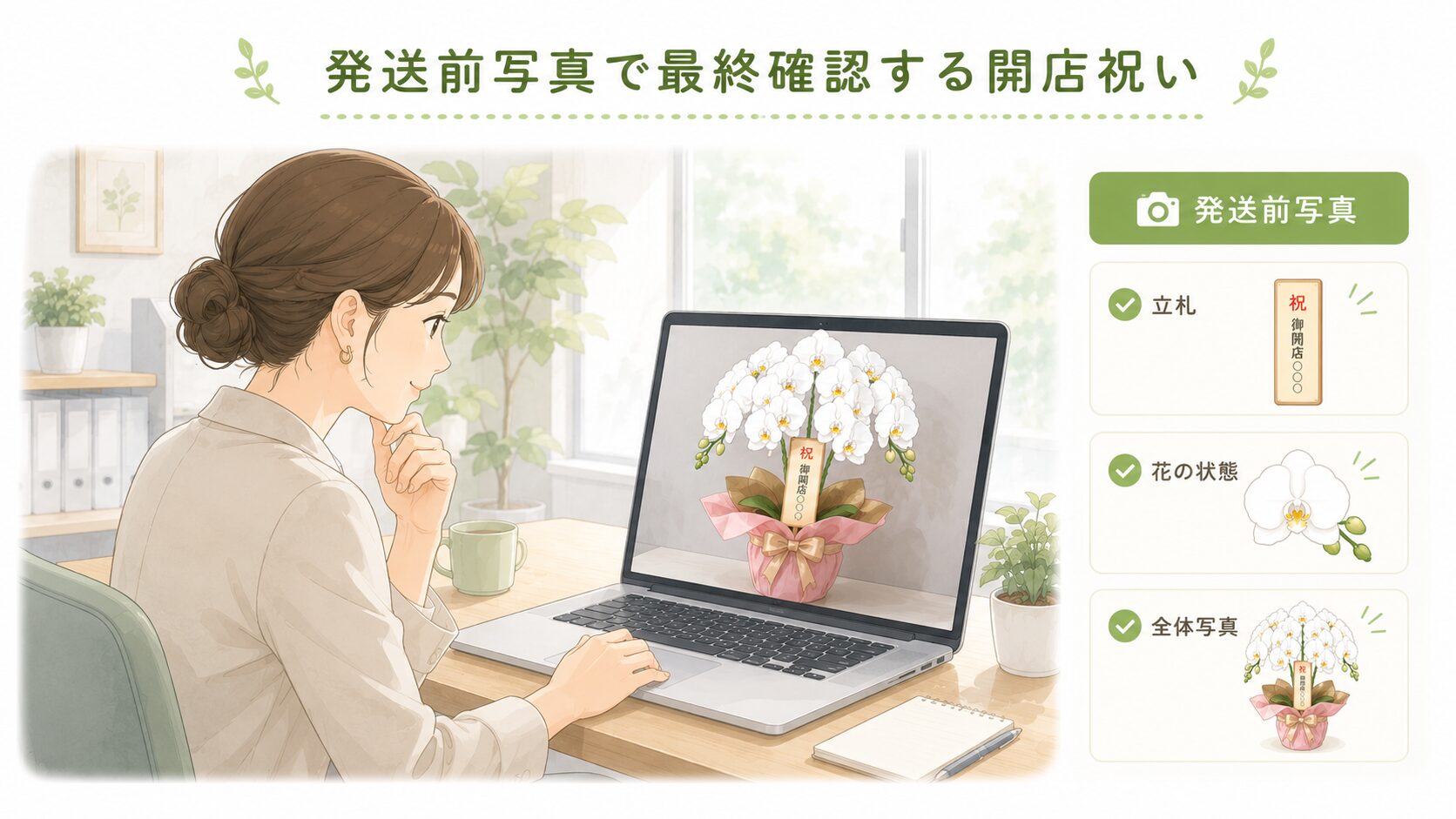 開店祝いの胡蝶蘭を発送前写真で最終確認するイラスト