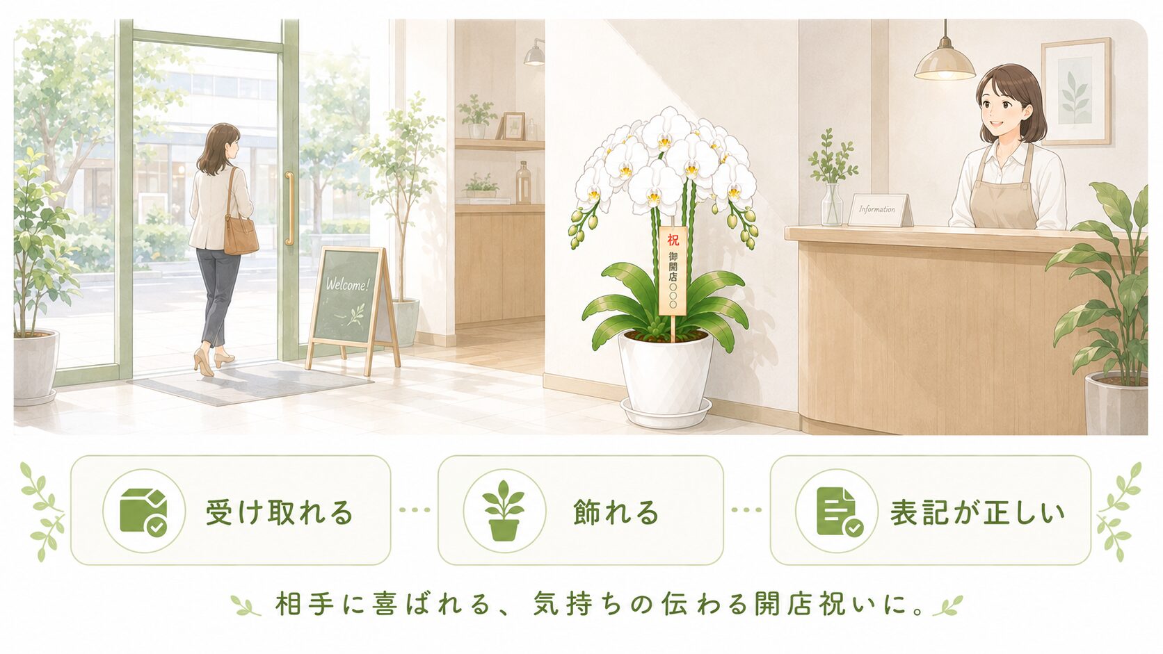 開店祝いの白大輪胡蝶蘭が店舗受付に自然に飾られているイラスト