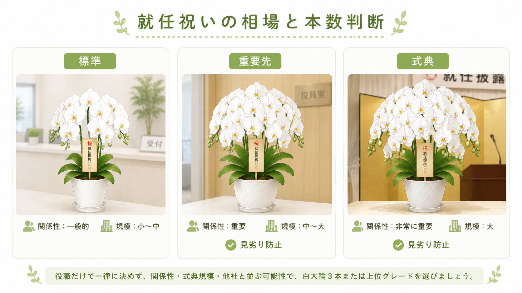 就任祝いの胡蝶蘭を関係性と式典規模で判断する図解