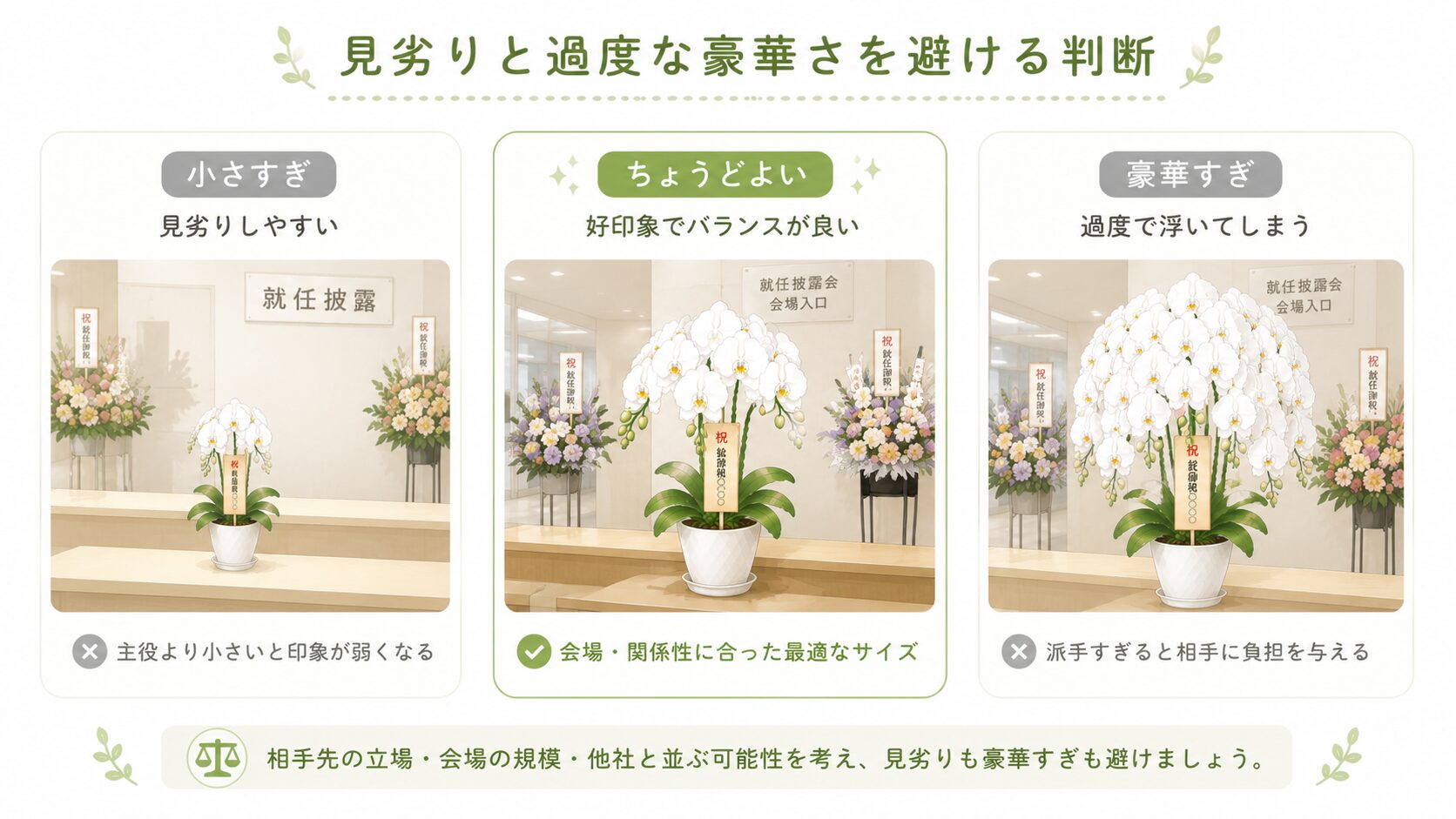 就任祝いの胡蝶蘭で見劣りと過度な豪華さを避ける判断図解