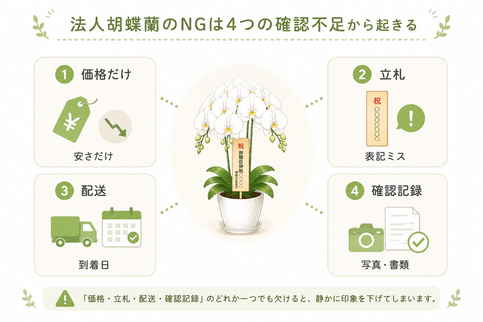 法人胡蝶蘭のNGが価格・立札・配送・確認記録から起きることを示す図解