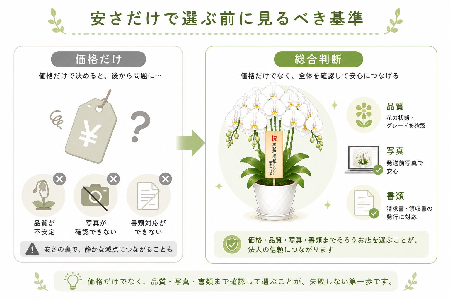 法人胡蝶蘭を安さだけでなく品質・写真・書類で判断する図解