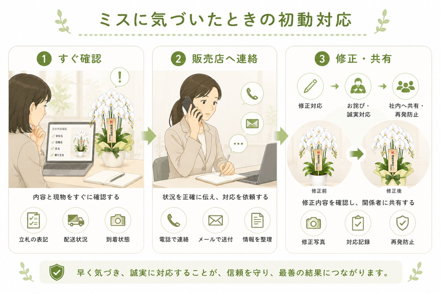 法人胡蝶蘭のミスに気づいたときの確認・連絡・修正対応を示す図解