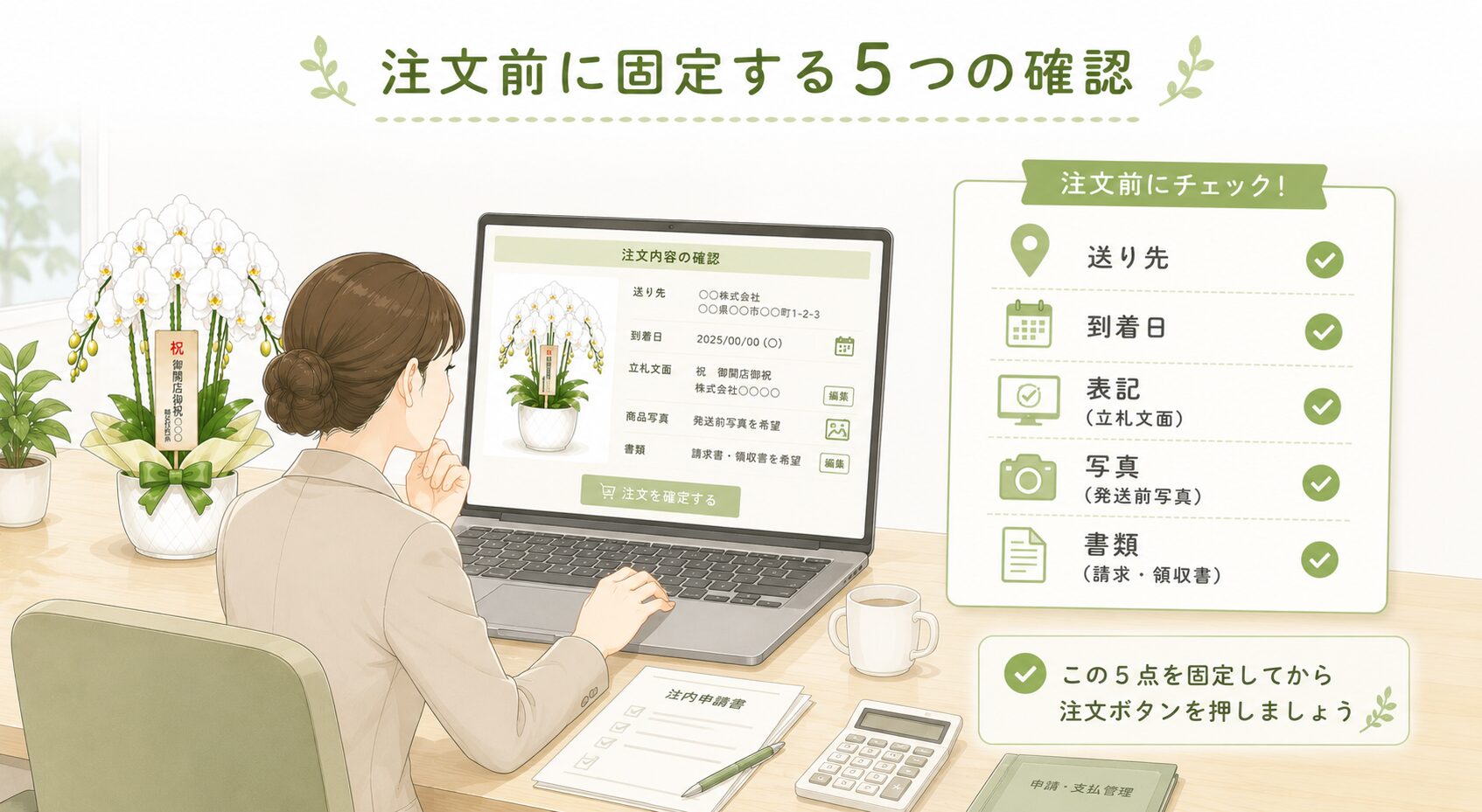 法人胡蝶蘭を注文する前に送り先・到着日・表記・写真・書類を確認する図解