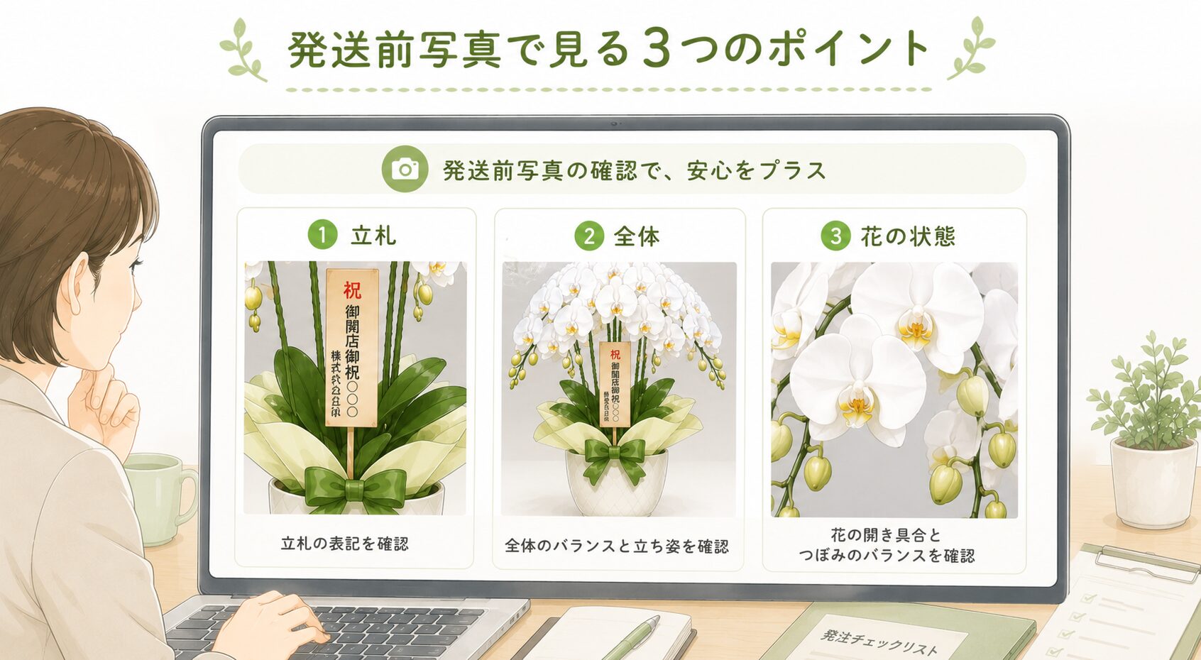 発送前写真で立札・全体・花の状態を確認する3つのポイント図解