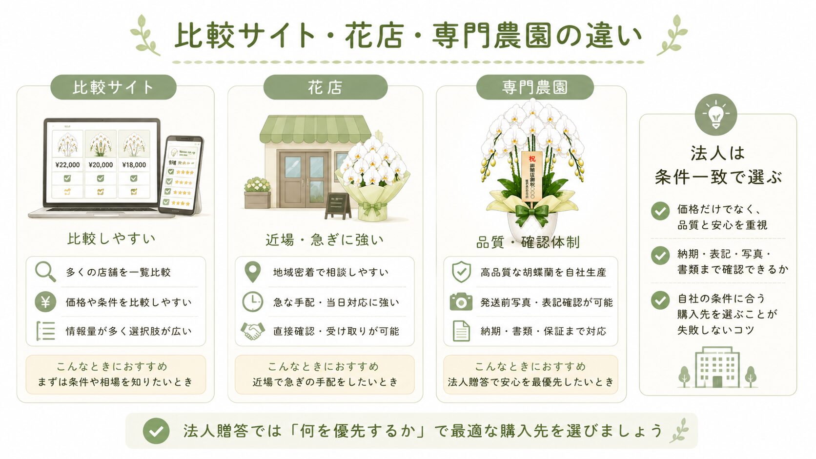 比較サイト・花店・専門農園の違いを法人目線で比較する図解