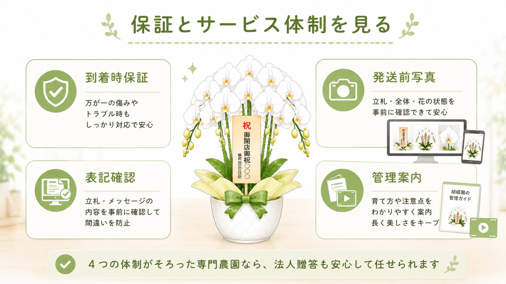 法人贈答向け胡蝶蘭の保証と写真確認や管理案内のサービス体制図解