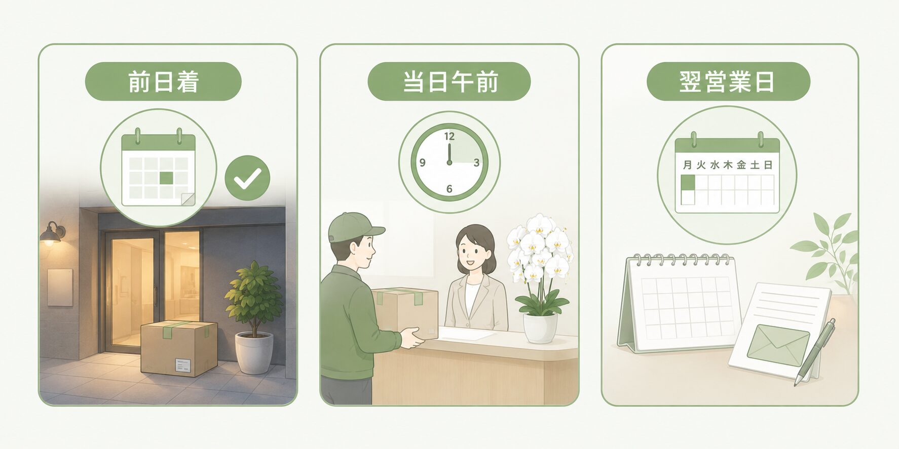前日着・当日午前・翌営業日の使い分けを示す法人胡蝶蘭の図解