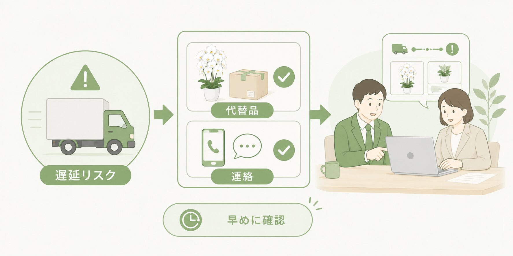 法人胡蝶蘭の配送遅延時に代替品と連絡を早めに決める図解