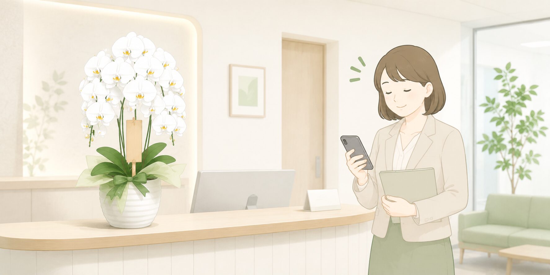 法人胡蝶蘭が予定日に無事届き安心する担当者のイラスト