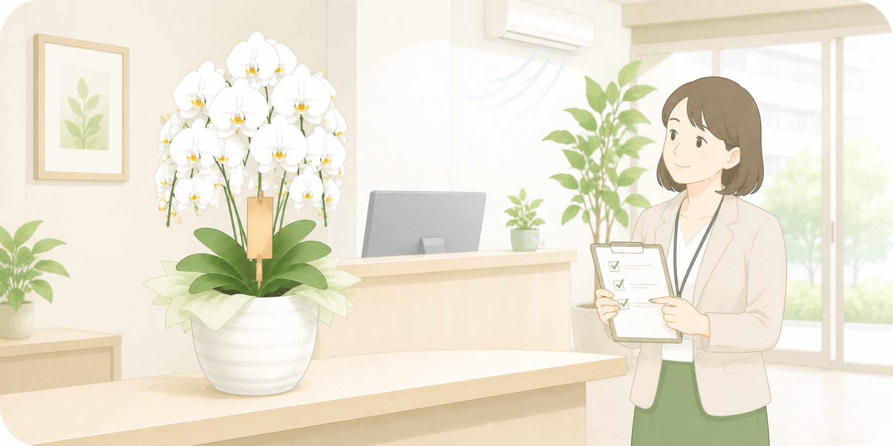 夏の法人胡蝶蘭が安全に届き安心する担当者のイラスト