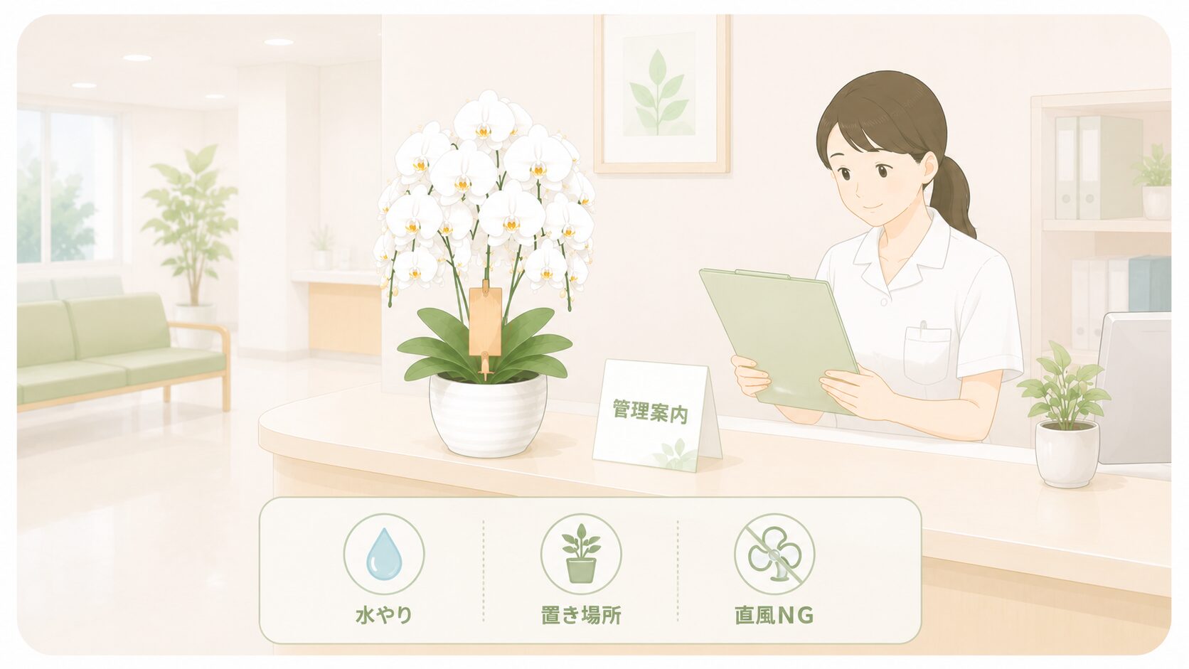 医療機関へ贈った後に水やりや置き場所の案内を控えめに添える図解