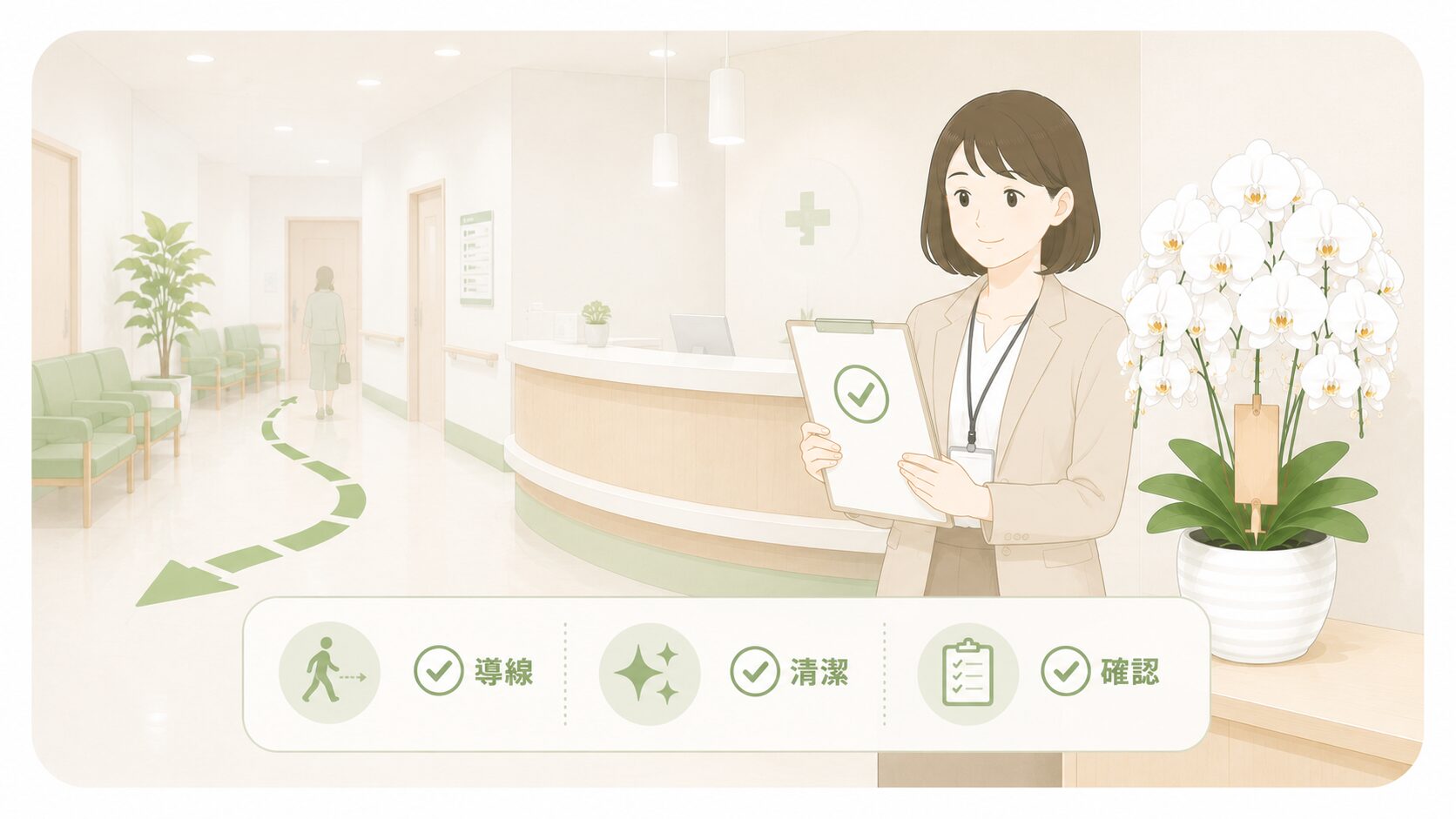 医療機関向け胡蝶蘭を控えめで確実に手配できた様子のイラスト