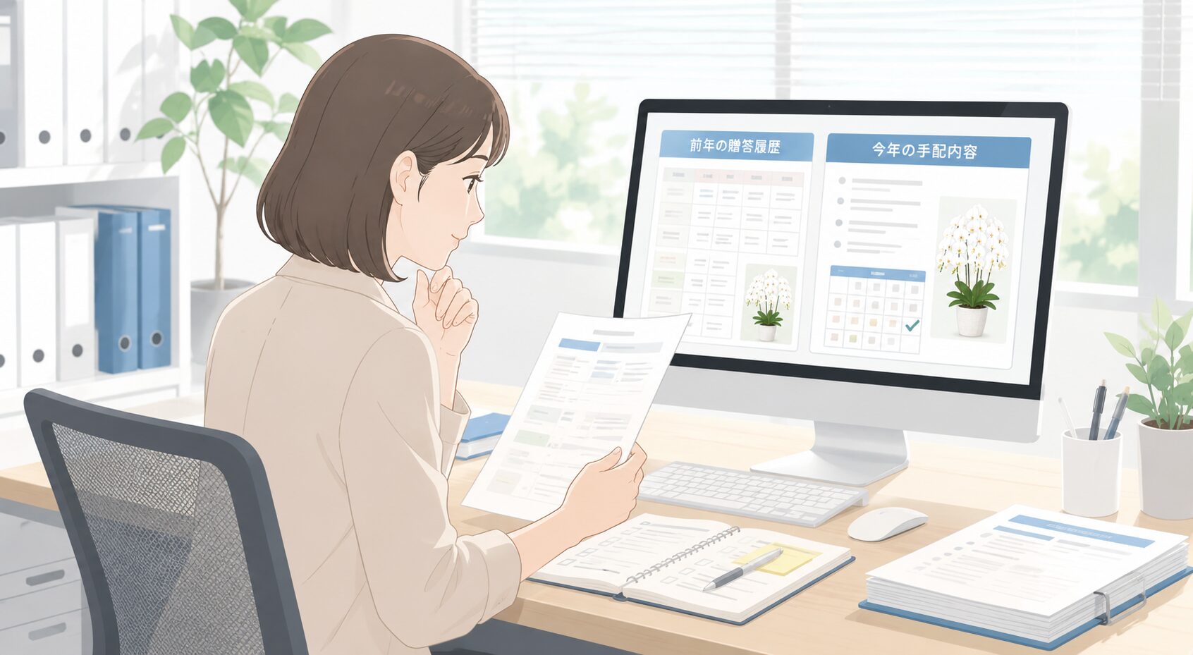 周年祝いの贈答履歴を確認する担当者のイラスト