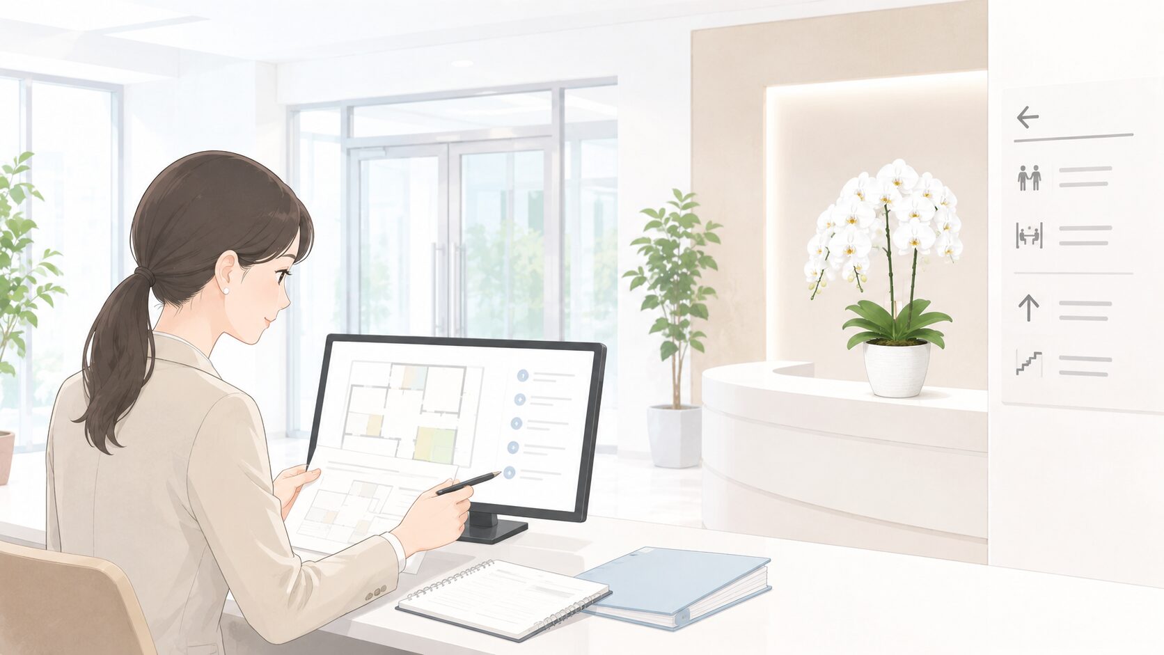 新社屋で搬入準備と設置場所を確認する担当者のイラスト