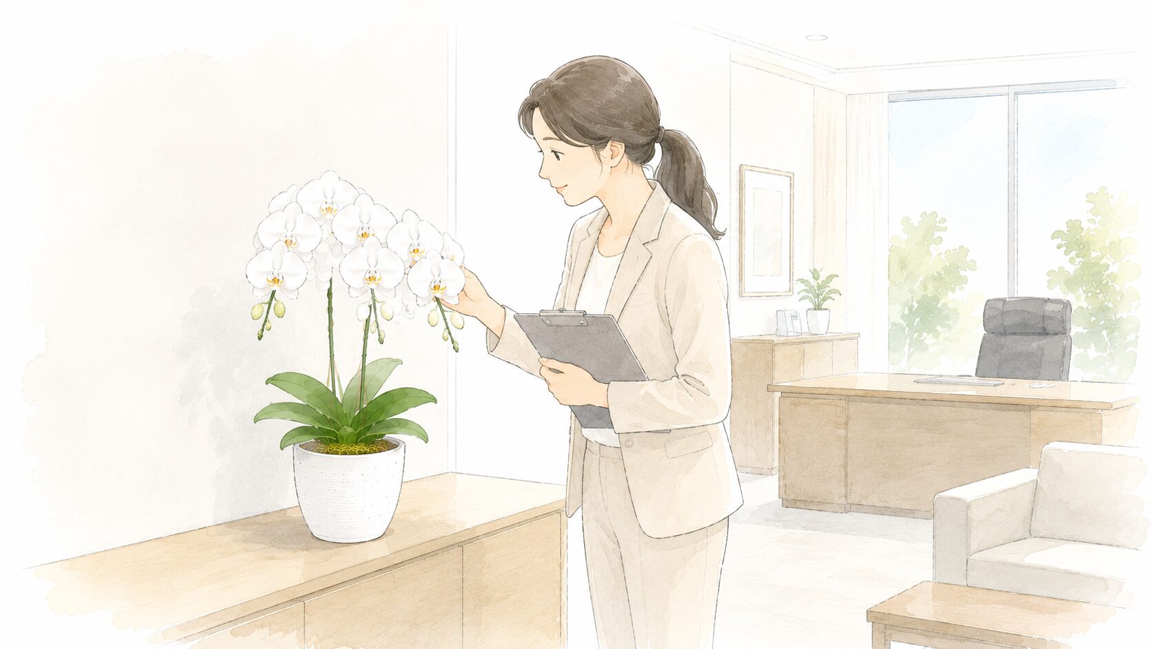 役員室で胡蝶蘭を確認する管理担当者のイラスト