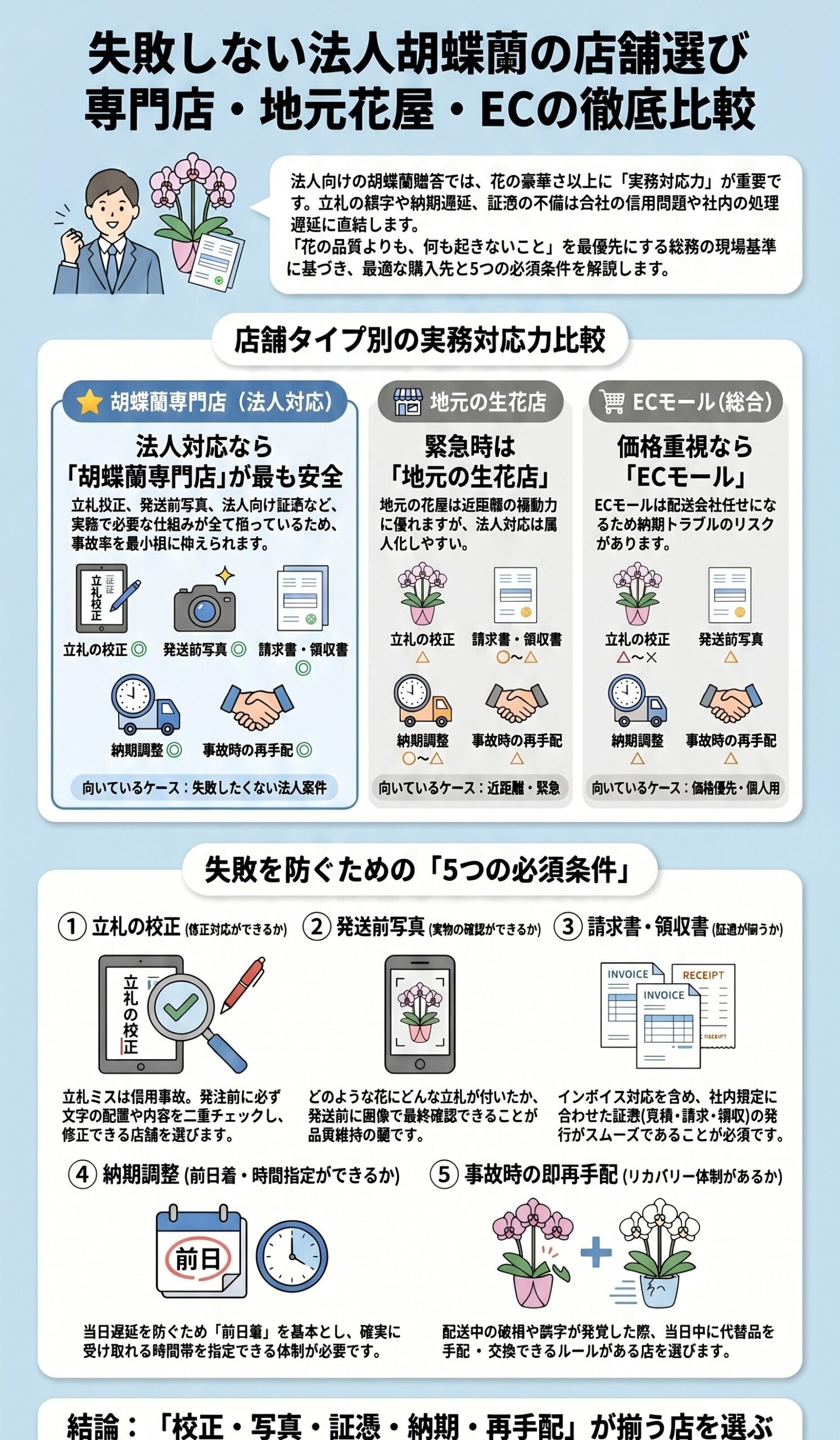 事故を防ぐ!店舗発注の基準「5つの必須条件」と選び方|法人胡蝶蘭の贈り方完全ガイドのインフォグラフィック