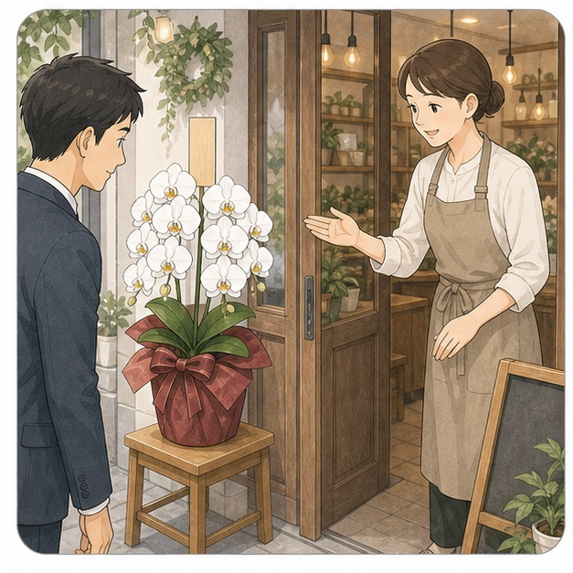 個人で贈る胡蝶蘭を店舗で確認し、立札付きの大輪胡蝶蘭を選ぶイラスト