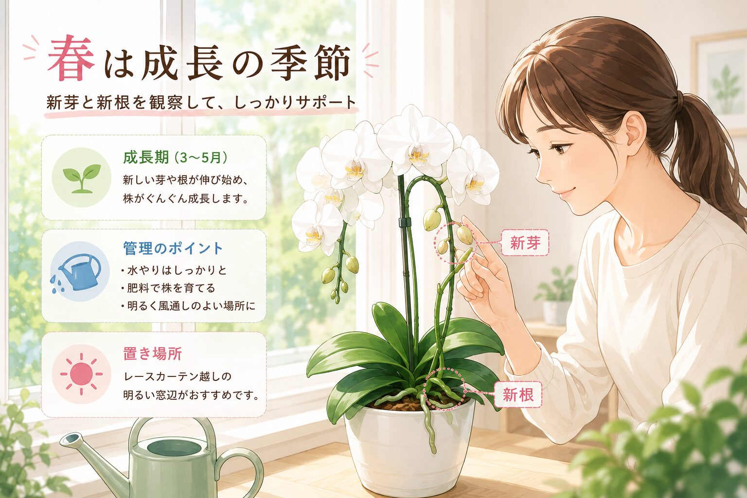 春の成長期に胡蝶蘭を観察する様子