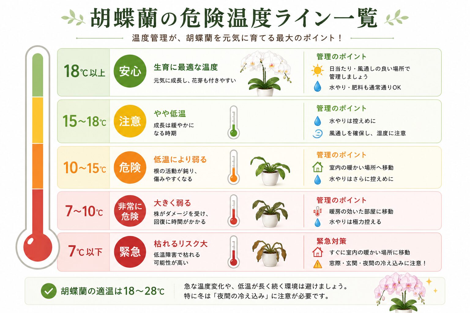 胡蝶蘭の適温と危険温度を示す図解