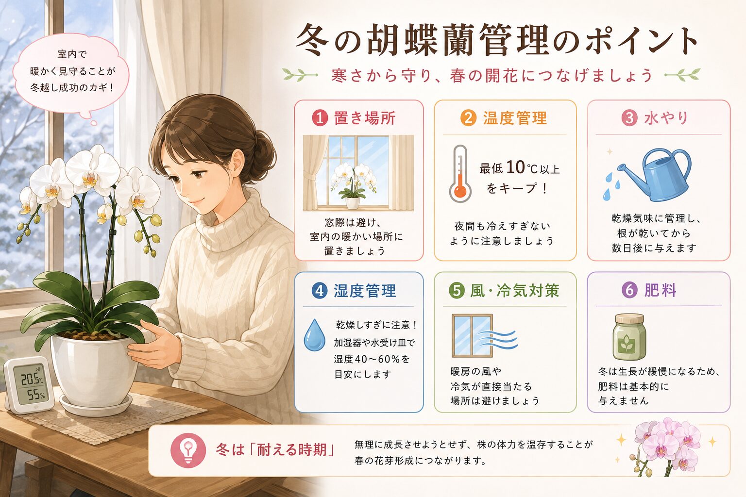 冬の室内で胡蝶蘭を管理するイラスト