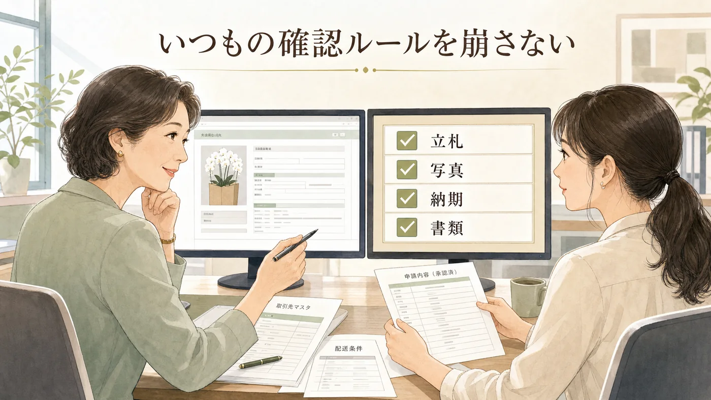 総務担当者が立札・発送前写真・納期・法人書類を既定の確認ルールで照合するイラスト