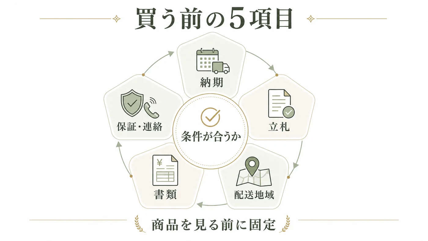 納期・立札・配送地域・法人書類・保証連絡の5項目を購入前に確認する図解