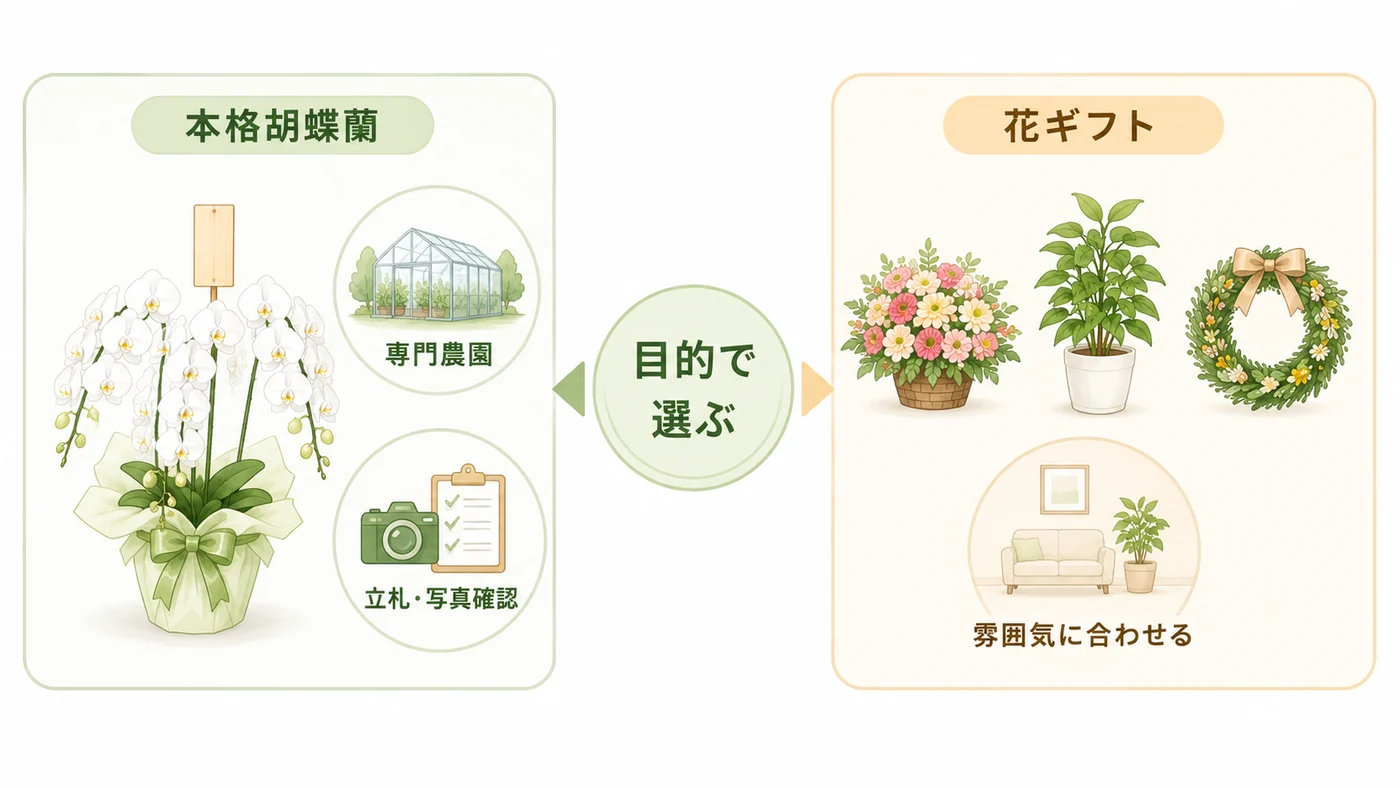 本格胡蝶蘭と花ギフトや観葉植物を法人贈答の目的で使い分ける図解