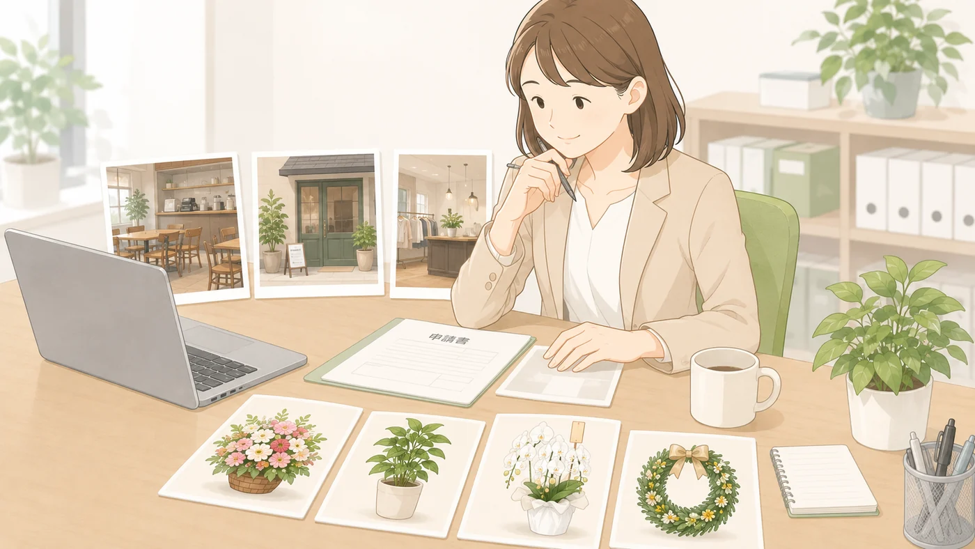 法人担当者が店舗の雰囲気や置き場所を確認しながら花ギフトを選ぶイラスト