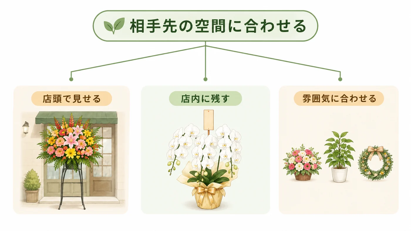 開店祝いでスタンド花・胡蝶蘭・花ギフトを相手先の空間に合わせて選ぶ判断図解