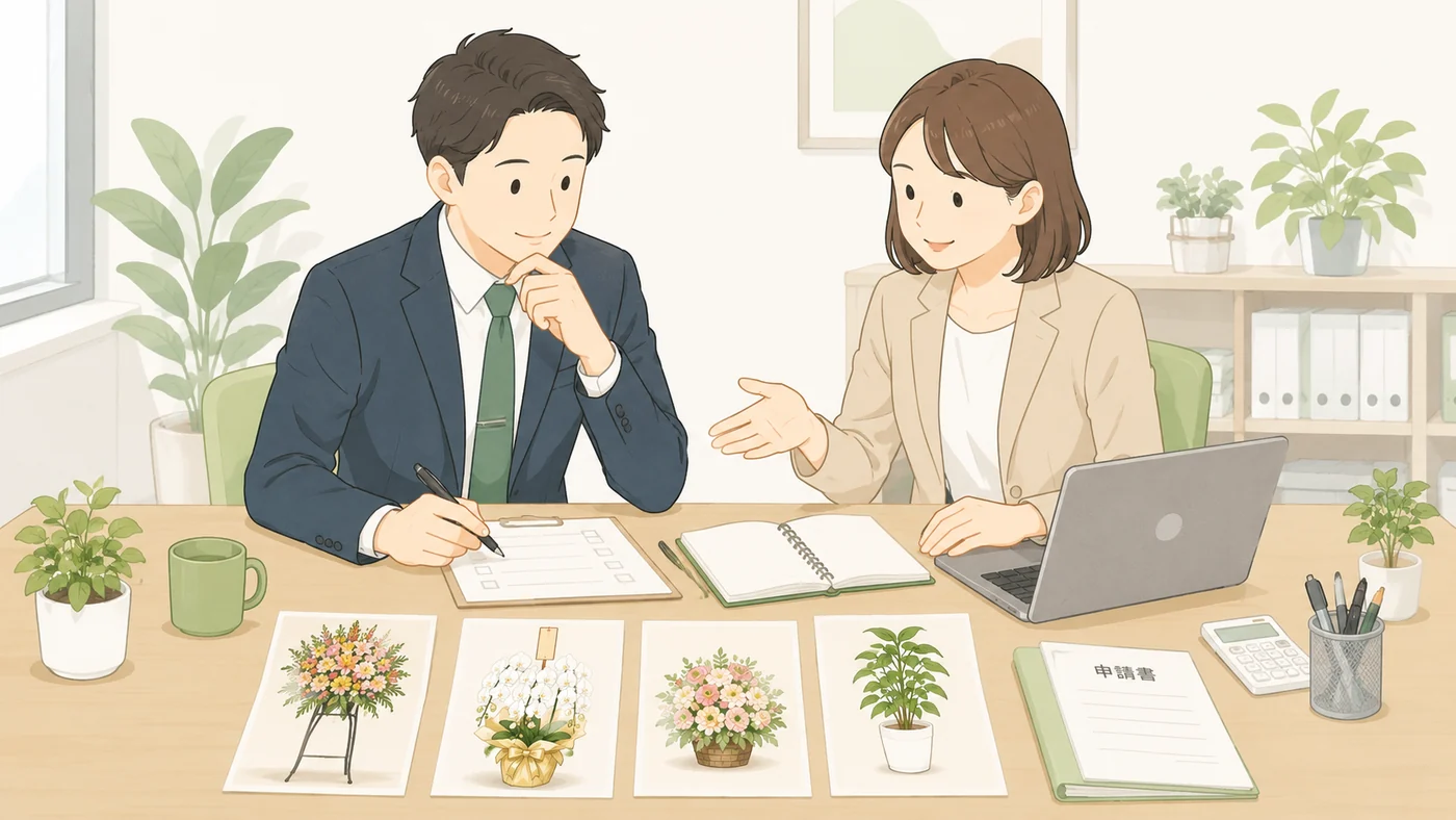 営業担当と総務担当が申請書を確認しながら開店祝いの候補を相談するイラスト