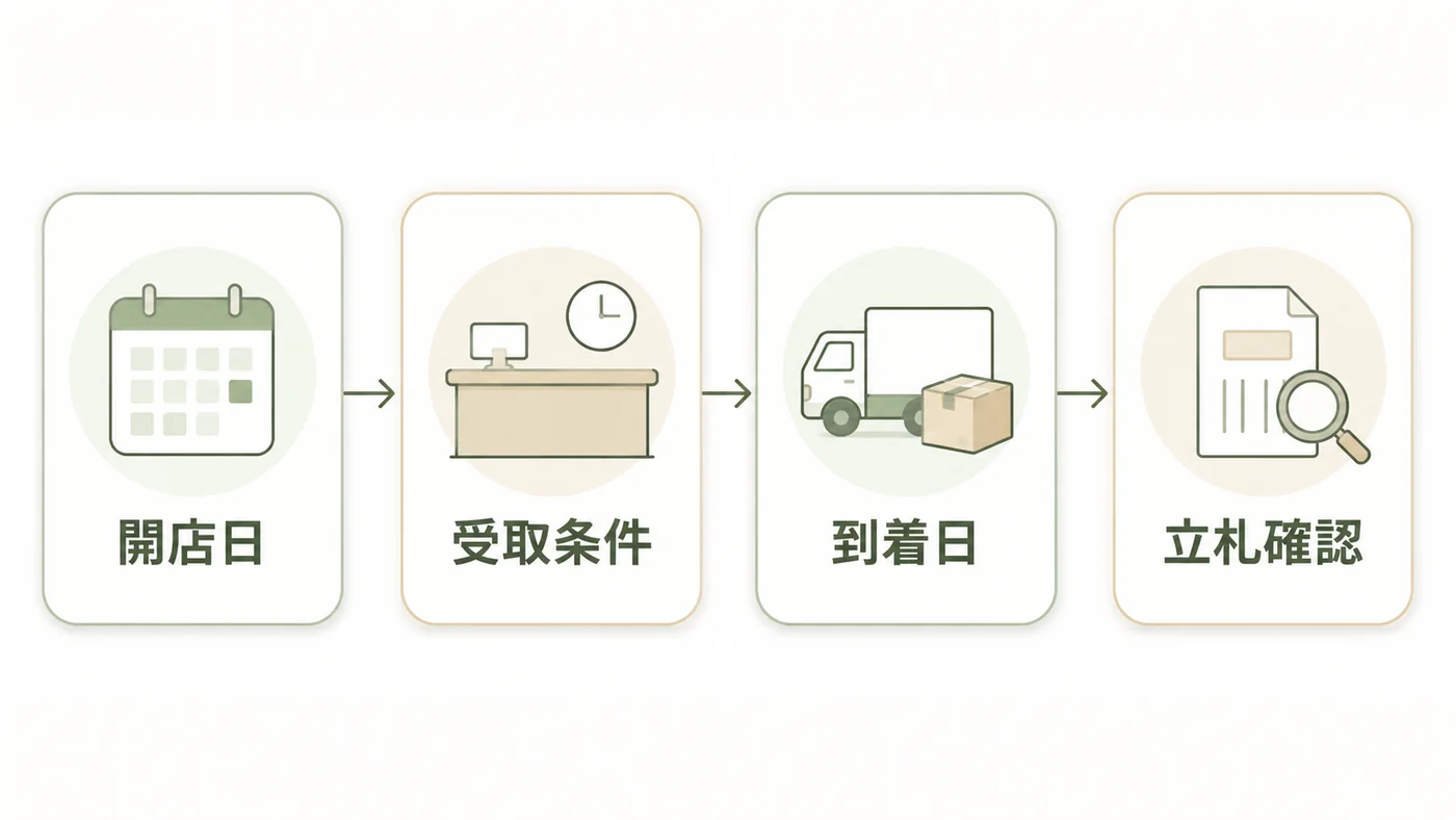 開店日、受取条件、到着日、立札確認の順で開店祝いの納品日を決める図解